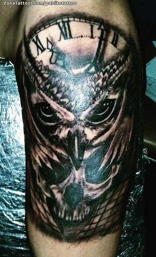 Tattoo photo Owls, Clocks, Skulls