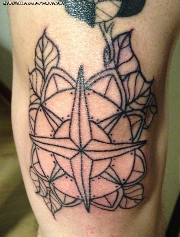 Tattoo photo Compass rose, Leaves