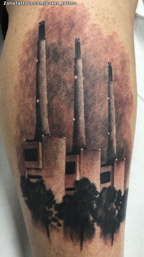 Foto de tatuaje Edificios, Humo, Árboles