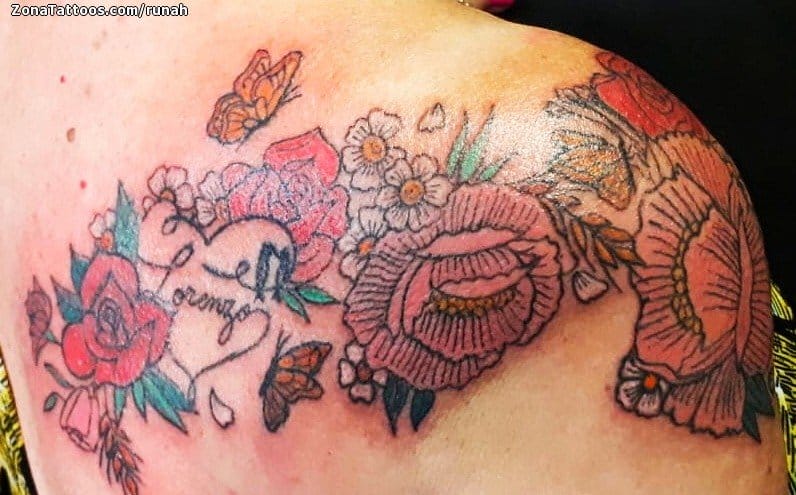 Foto de tatuaje Flores, Mariposas, Hombro