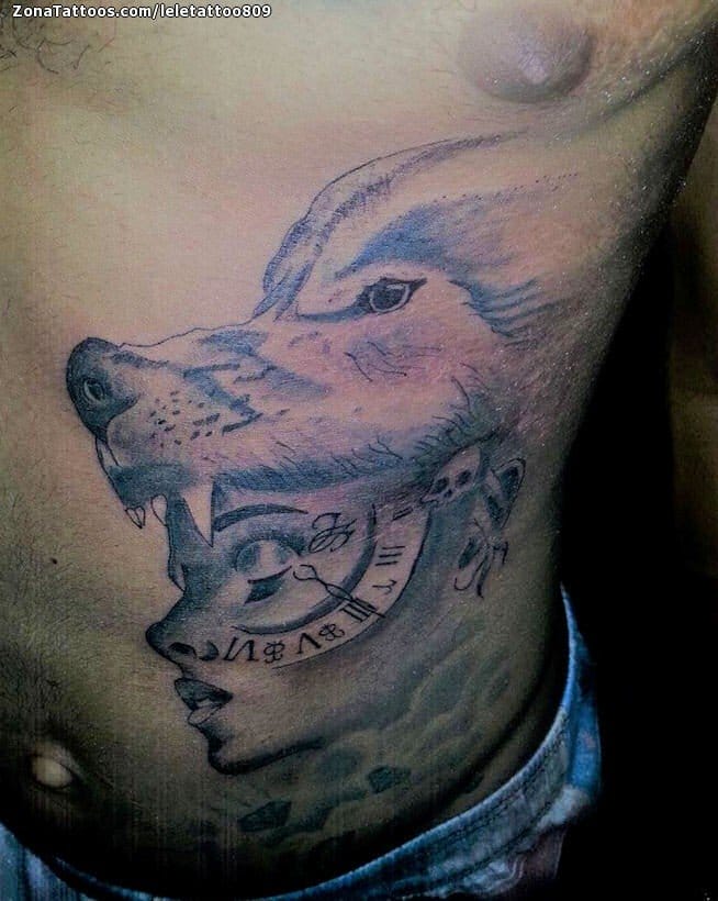 Foto de tatuaje Rostros, Relojes, Lobos