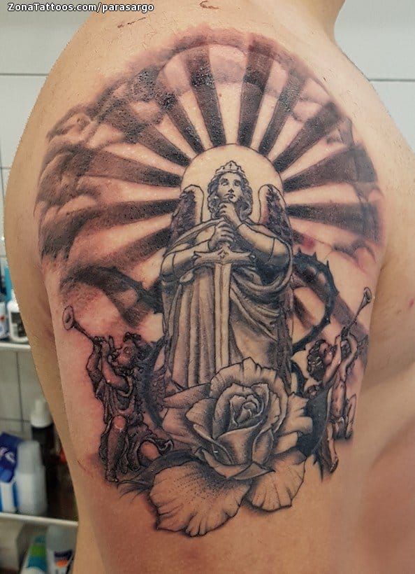 Tattoo photo Religious, Roses, Cherubs