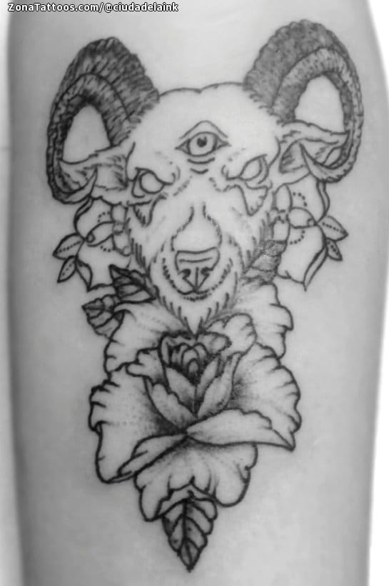 Tattoo of Rams, Animals, Flowers