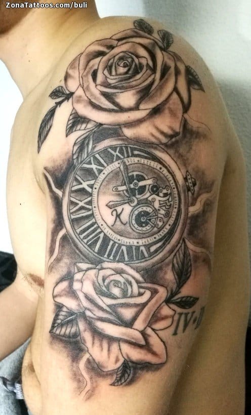 Tattoo photo Roses, Flowers, Clocks