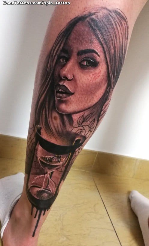 Tattoo photo Hourglass, Leg, Faces