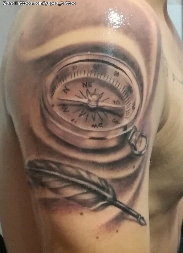 Tattoo photo Compasses, Feathers, Shoulder