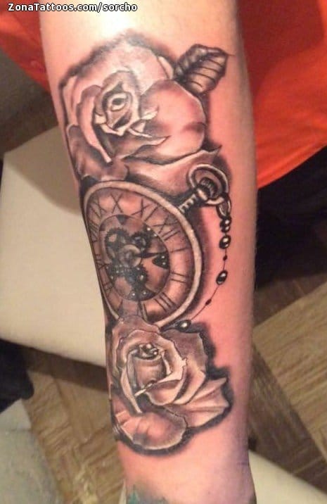 Foto de tatuaje Relojes, Rosas, Flores