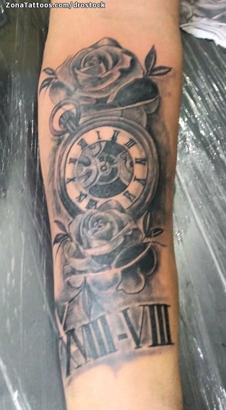 Tattoo photo Clocks, Roses, Arm