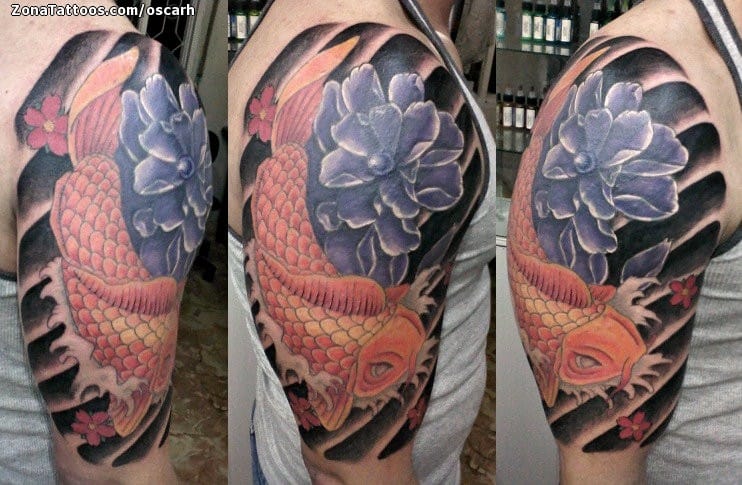 Foto de tatuaje Koi, Flores, Hombro