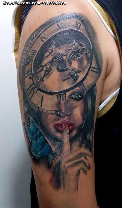 Foto de tatuaje Relojes, Rostros, Hombro