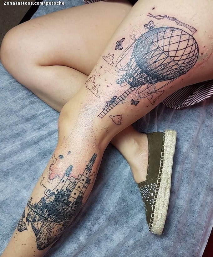 Tattoo photo Balloons, Leg, Buildings