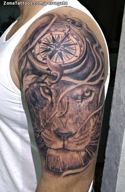 Foto de tatuaje Leones, Animales, Brújulas