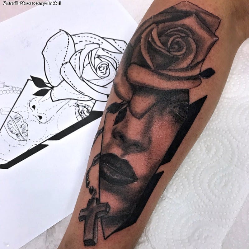 Tattoo photo Faces, Rosaries, Roses