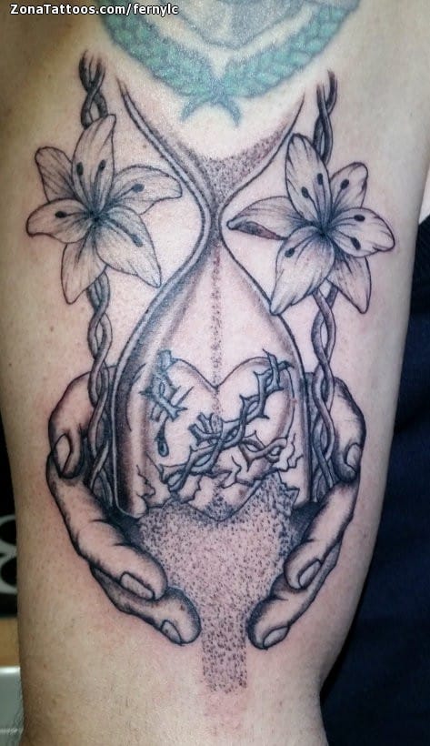 Tattoo photo Hourglass, Hands, Flowers