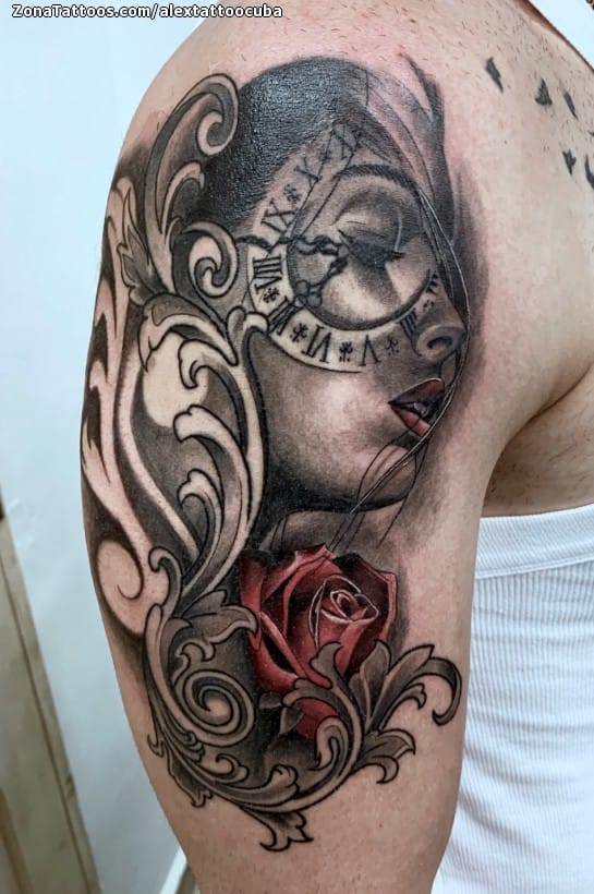 Foto de tatuaje Ornamentos, Relojes, Rosas
