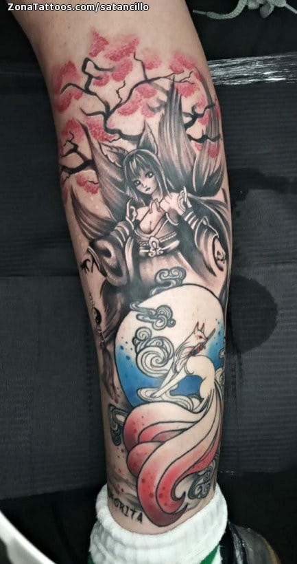 Tattoo photo Kitsune, Leg, Asian