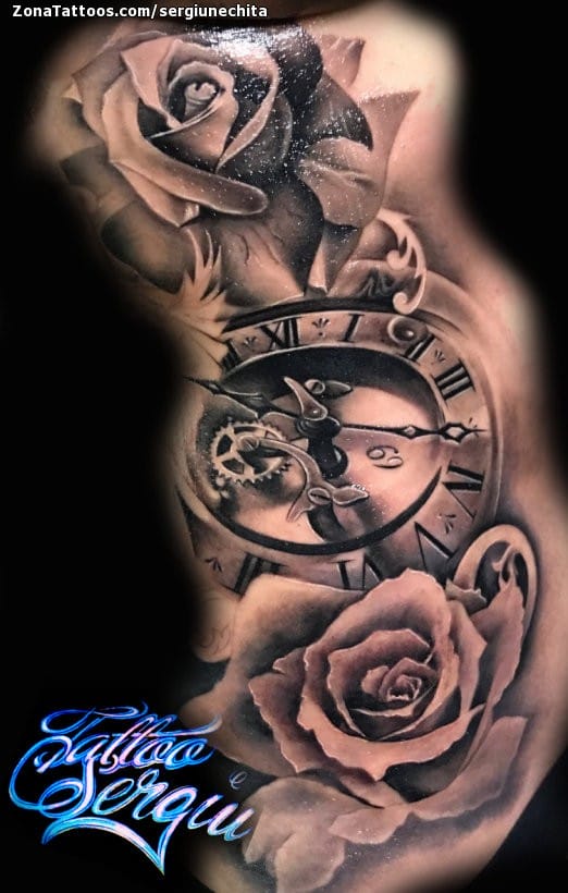 Foto de tatuaje Rosas, Relojes, Flores