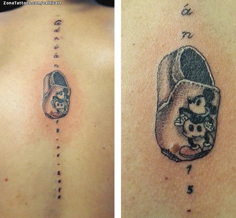 Tattoo of Shoes, Mickey Mouse, Spine