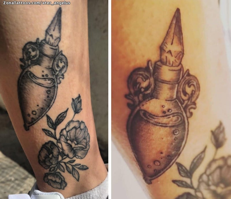 Tattoo photo Bottles, Leg, Flowers