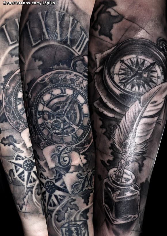 Foto de tatuaje Relojes, Plumas, Mapas