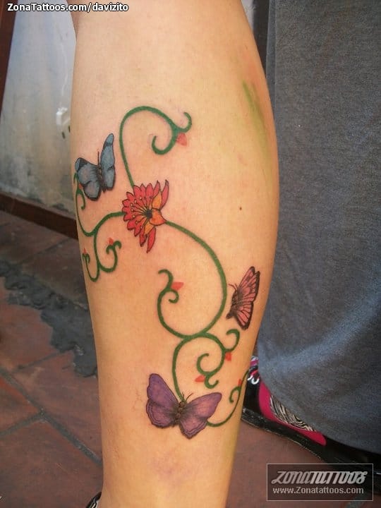 Tattoo of Butterflies, Flowers, Calf
