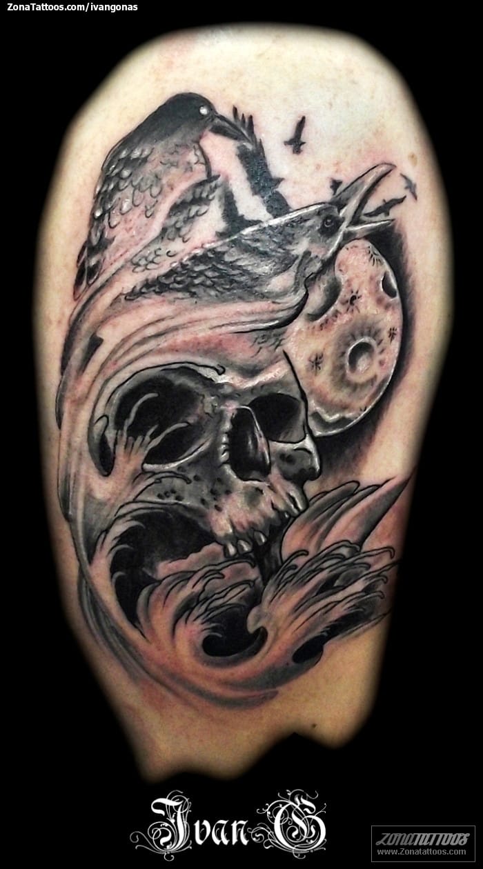 Tattoo photo Skulls, Crows, Moons