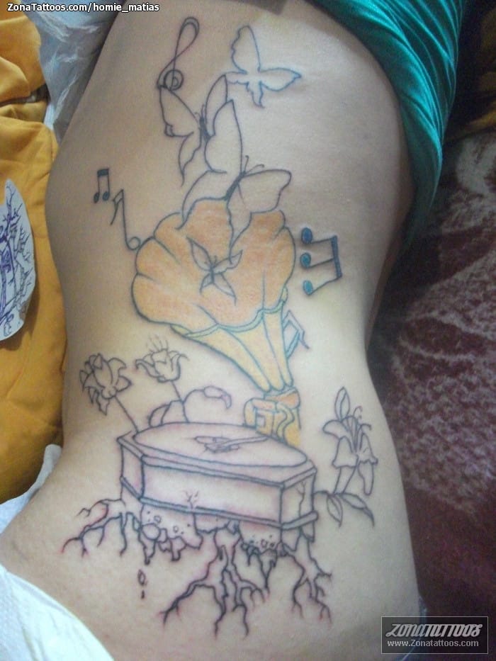 Tattoo photo Butterflies, Gramophones, Music