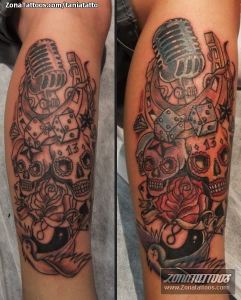 Tattoo photo Sugar Skull, Horseshoes, Microphones