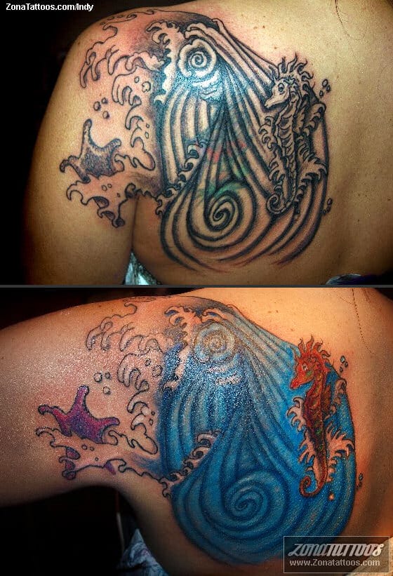 Foto de tatuaje Caballitos de mar, Olas, Animales