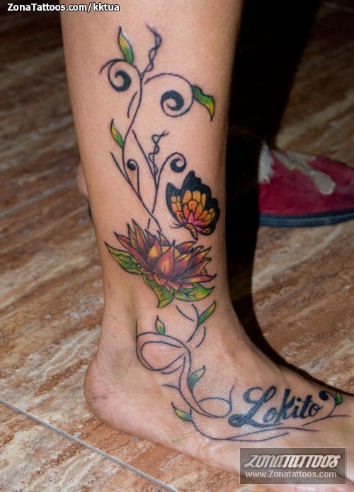 Foto de tatuaje Flores, Insectos, Tobillo