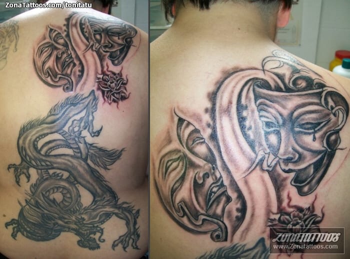 Foto de tatuaje Máscaras, Dragones, Espalda