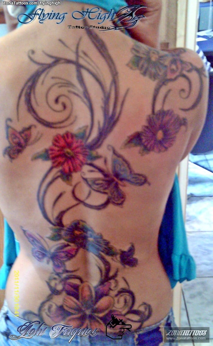 Foto de tatuaje Flores, Mariposas, Espalda