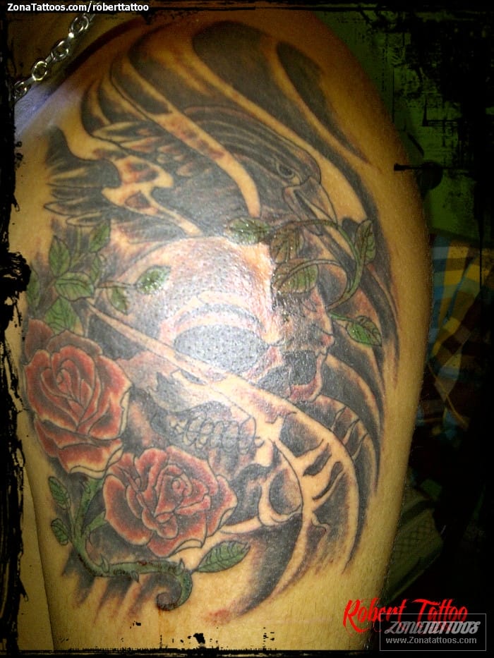 Tattoo photo Crows, Roses, Flowers