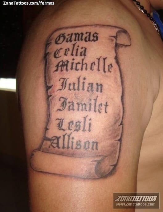 Tattoo of Names, Scrolls, Letters