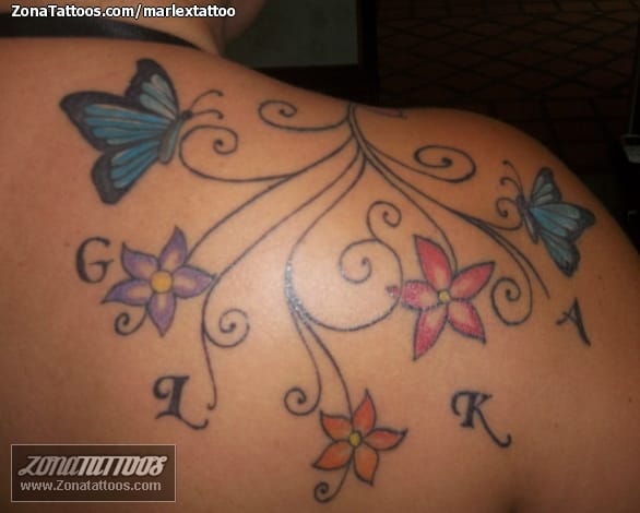 Foto de tatuaje Mariposas, Flores, Filigranas