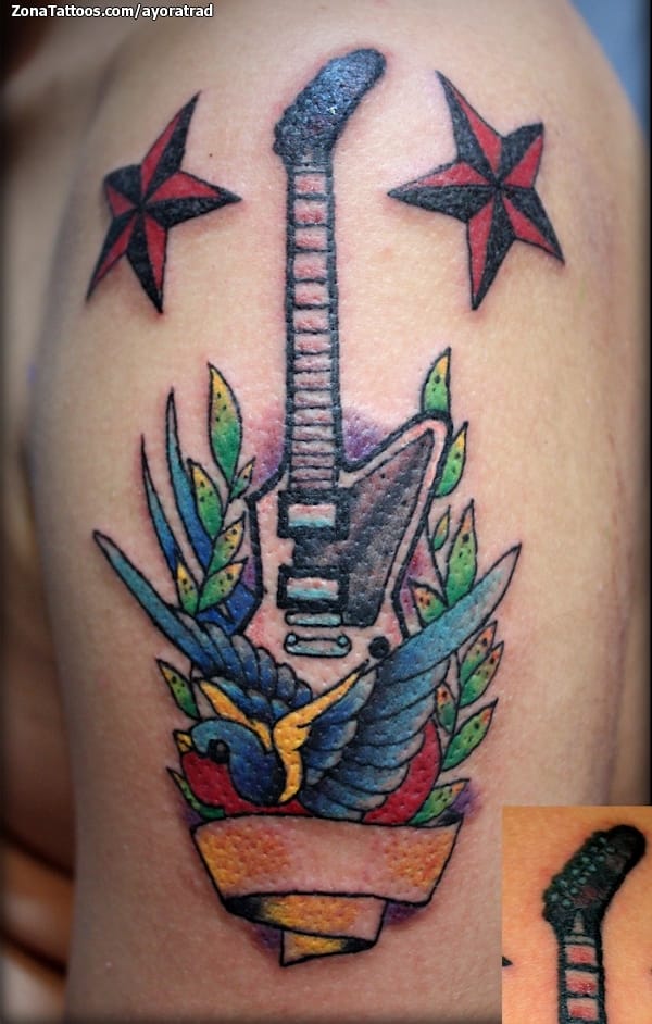 Tattoo photo Swallows, Old School, Guitars