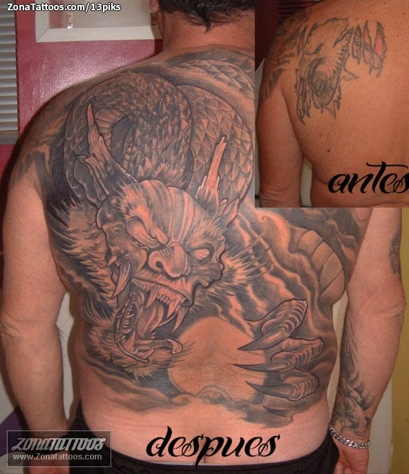 Foto de tatuaje Dragones, Espalda, Cover Up