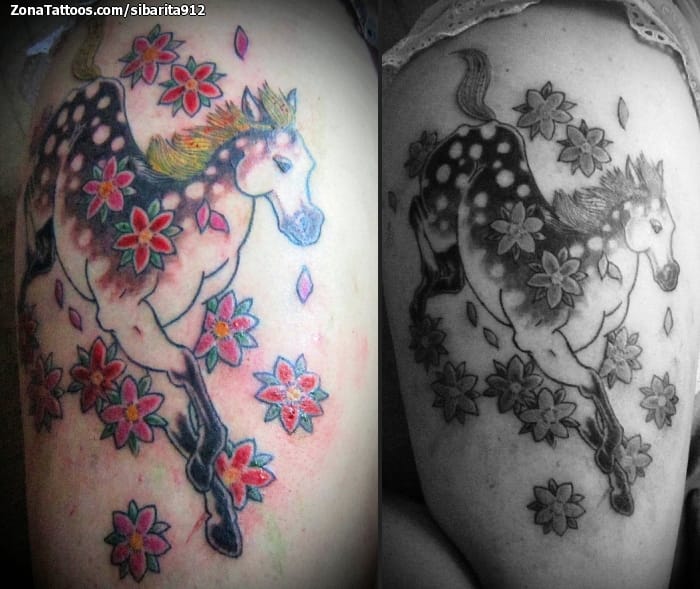 Foto de tatuaje Animales, Caballos, Flores