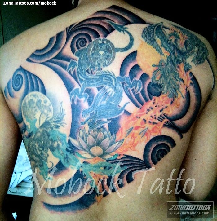 Foto de tatuaje Dragones, Ave Fénix, Lotos