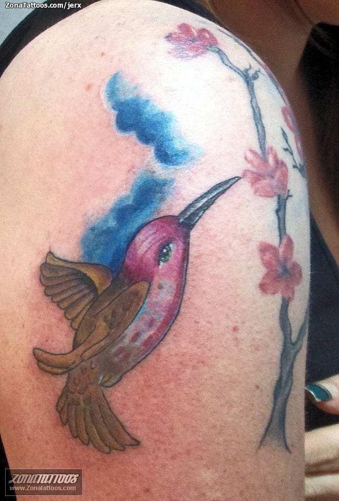 Tattoo photo Birds, Humming bird, Flowers