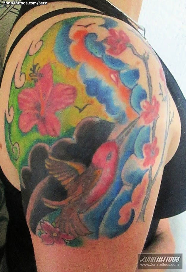 Tattoo photo Flowers, Birds, Humming bird