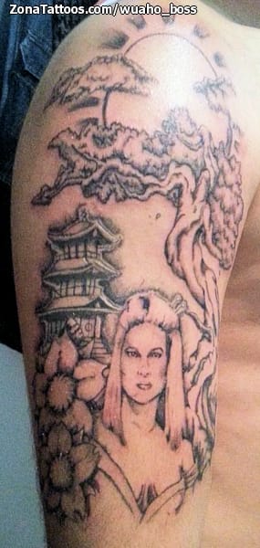 Tattoo photo Geisha, Pagoda, Trees