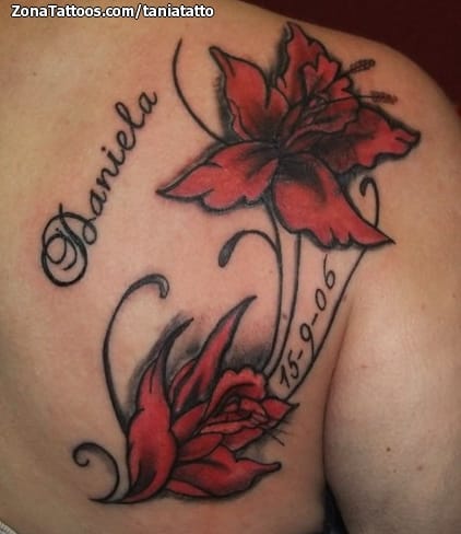 Tattoo photo Flowers, Names, Shoulder blade