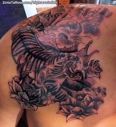 Foto de tatuaje Tigres, Lotos, Olas