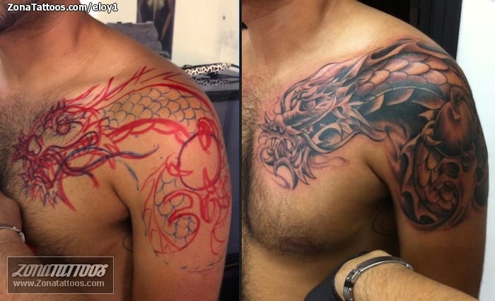 Foto de tatuaje Dragones, Hombro, Pecho