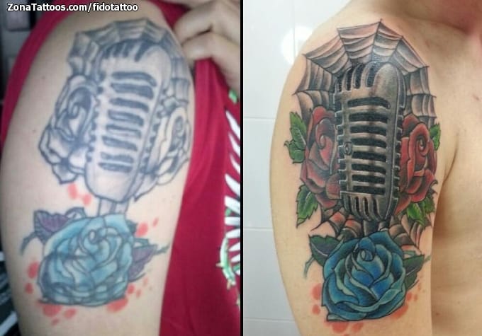 Foto de tatuaje Rosas, Telarañas, Micrófonos