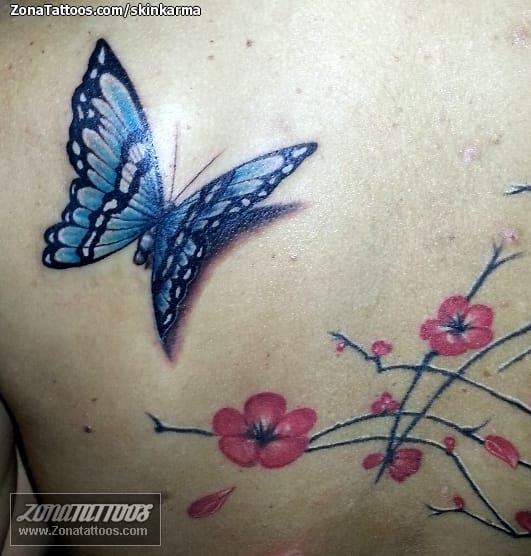 Foto de tatuaje Espalda, Mariposas, Cerezos