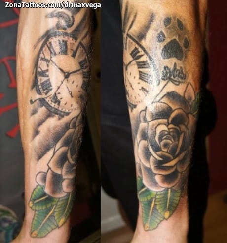 Tattoo photo Clocks, Roses, Flowers