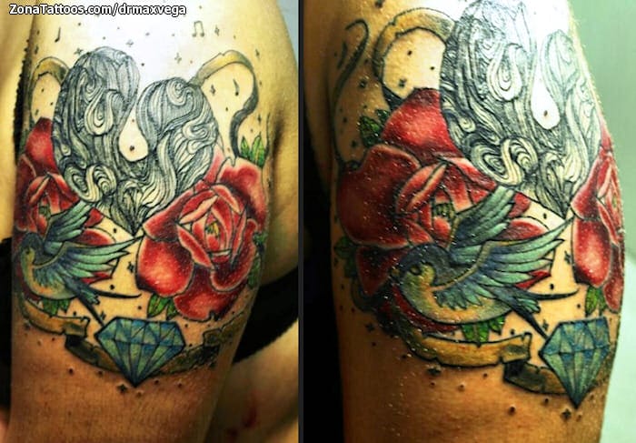 Foto de tatuaje Corazones, Rosas, Golondrinas