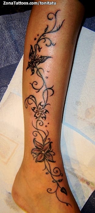 Tattoo of Leg, Butterflies, Flowers